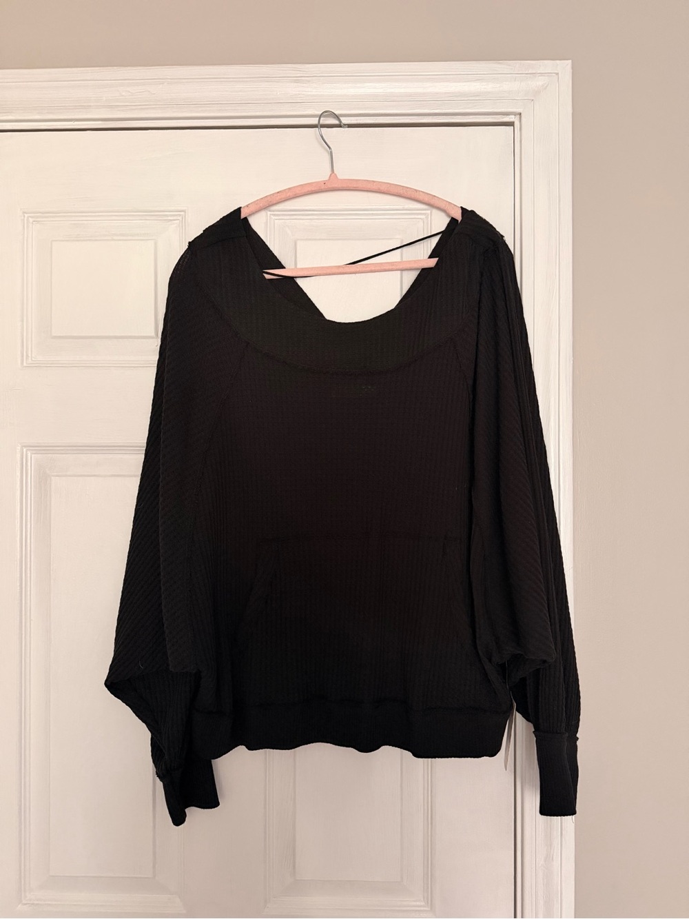 Free People Black Off-the-Shoulder Waffle Knit Lightweight Sweater
